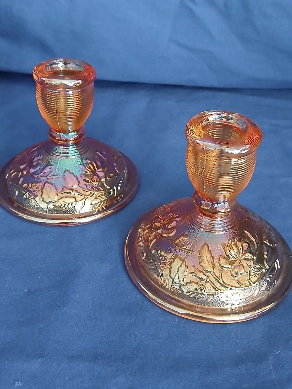 Vintage Imperial Glass Lustre Rose Marigold Candleholder Pair 1960s